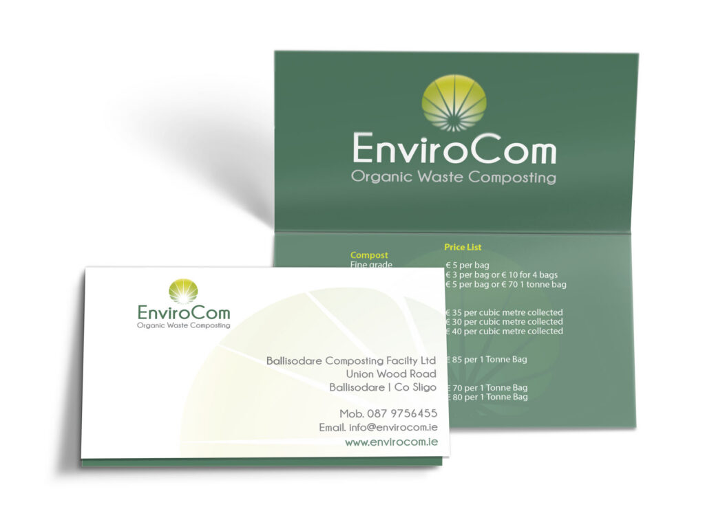 Foldable green and white business card with a price list on the inside for Envirocom