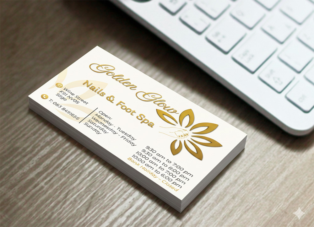 White and gold business card for nail and foot salon Golden Glow