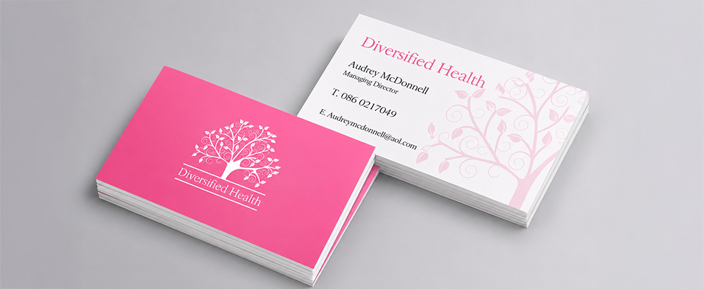 Pink and white business card for diversified health