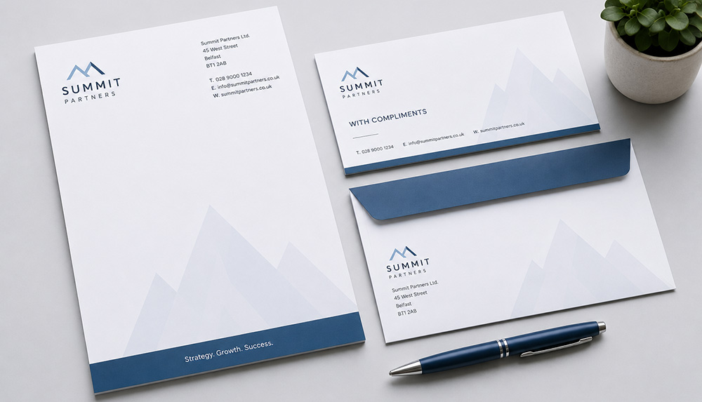 Headed paper, a compliment slip, and an envelope with the logo for summit partners on each.