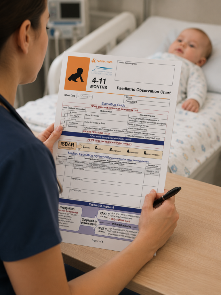 A nurse holding an a booklet with the title "paediatric observation chart."