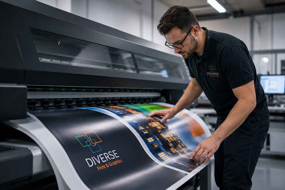 A man examining a large banner deisgn coming out of a printer