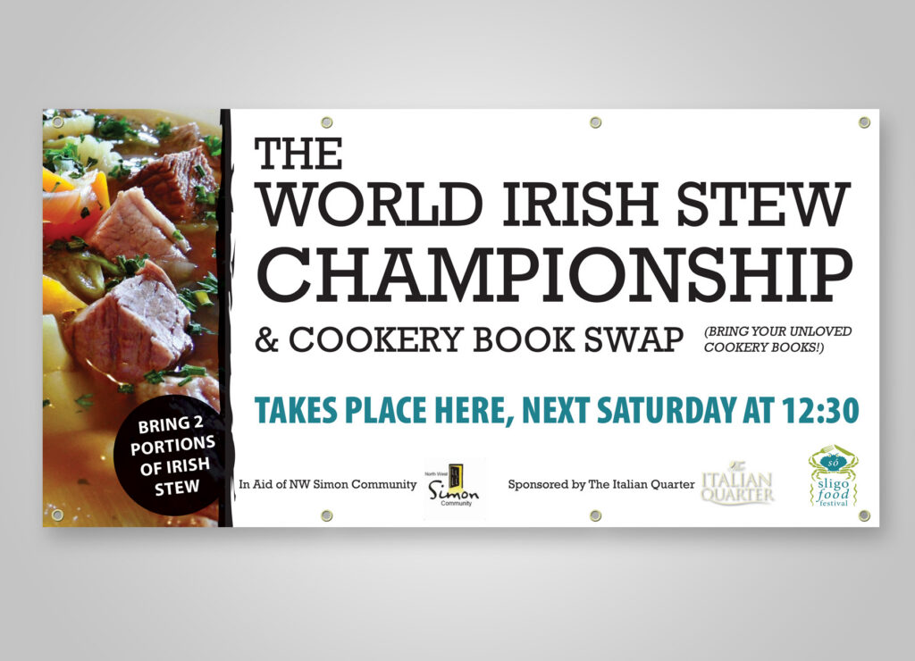 A banner design for the world irish stew championship and cookery book swao
