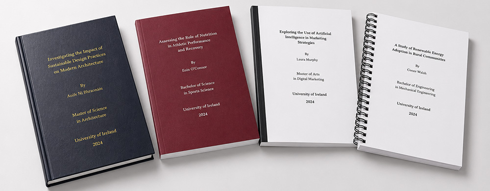 A collection of thesis' with different cover types - hardbound, softbound, wirebound, and perfectbound
